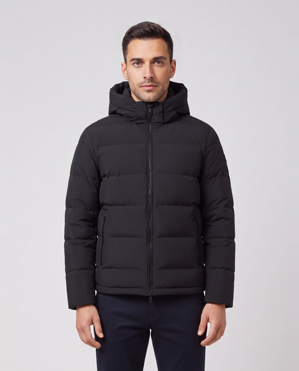 Men's Sandbanks Black Waterproof Banks Puffer Jacket — on model