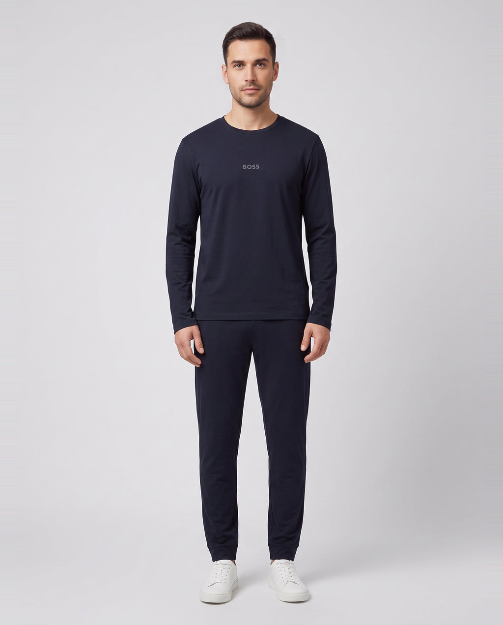 BOSS Black Xmas Long Set Dark Blue Nightwear — on model