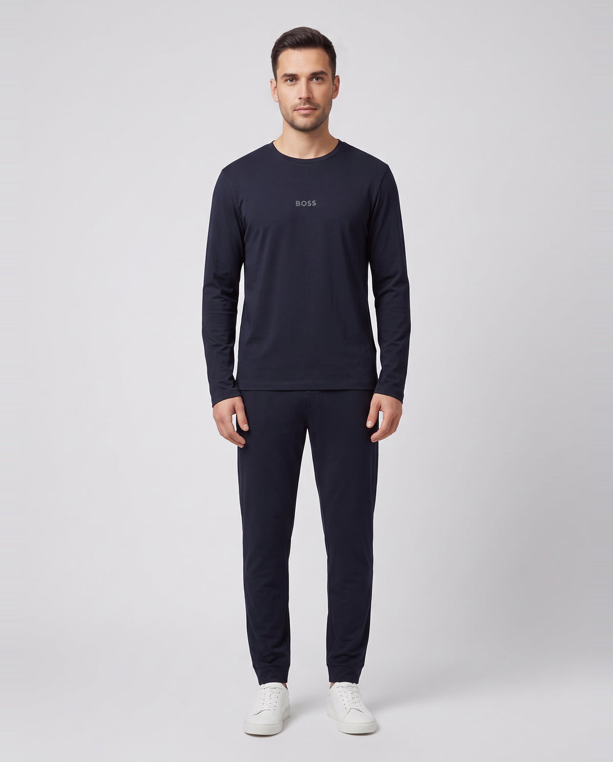 BOSS Black Xmas Long Set Dark Blue Nightwear — on model