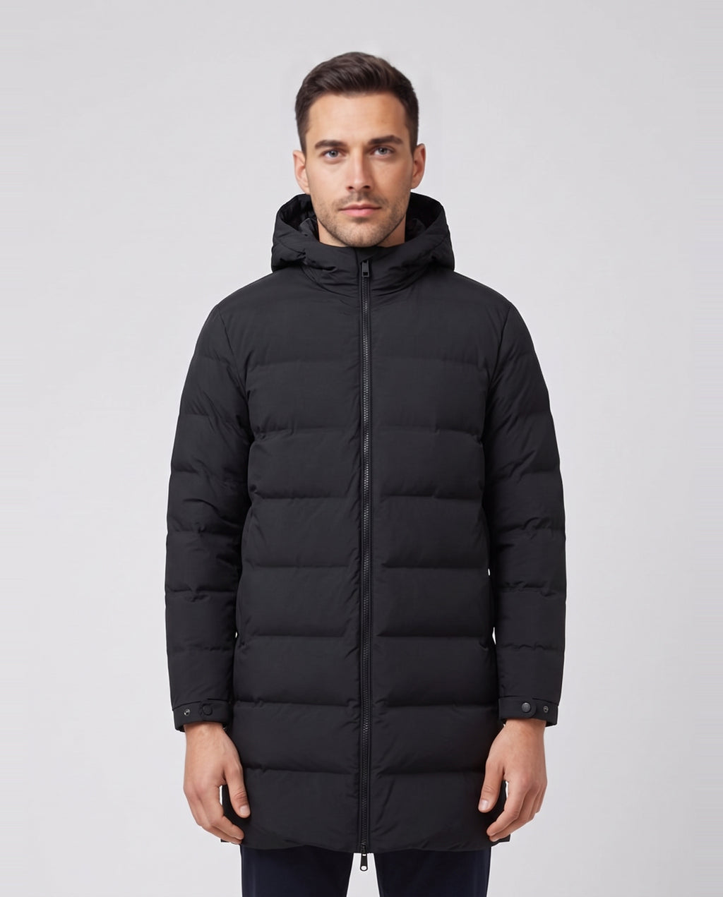 Men's Sandbanks Long Waterproof Puffer in Black — on model