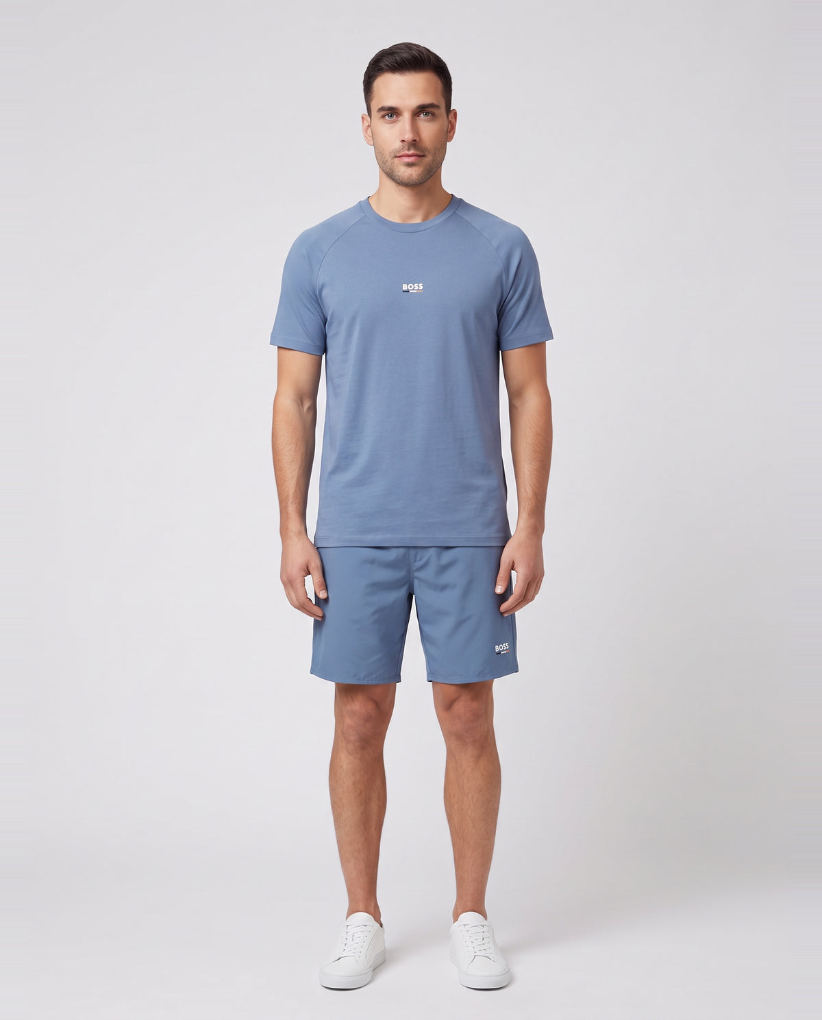 BOSS Black T-Shirt RN Slim Fit Light/Pastel Blue & Swordfish Swimwear Set — on model
