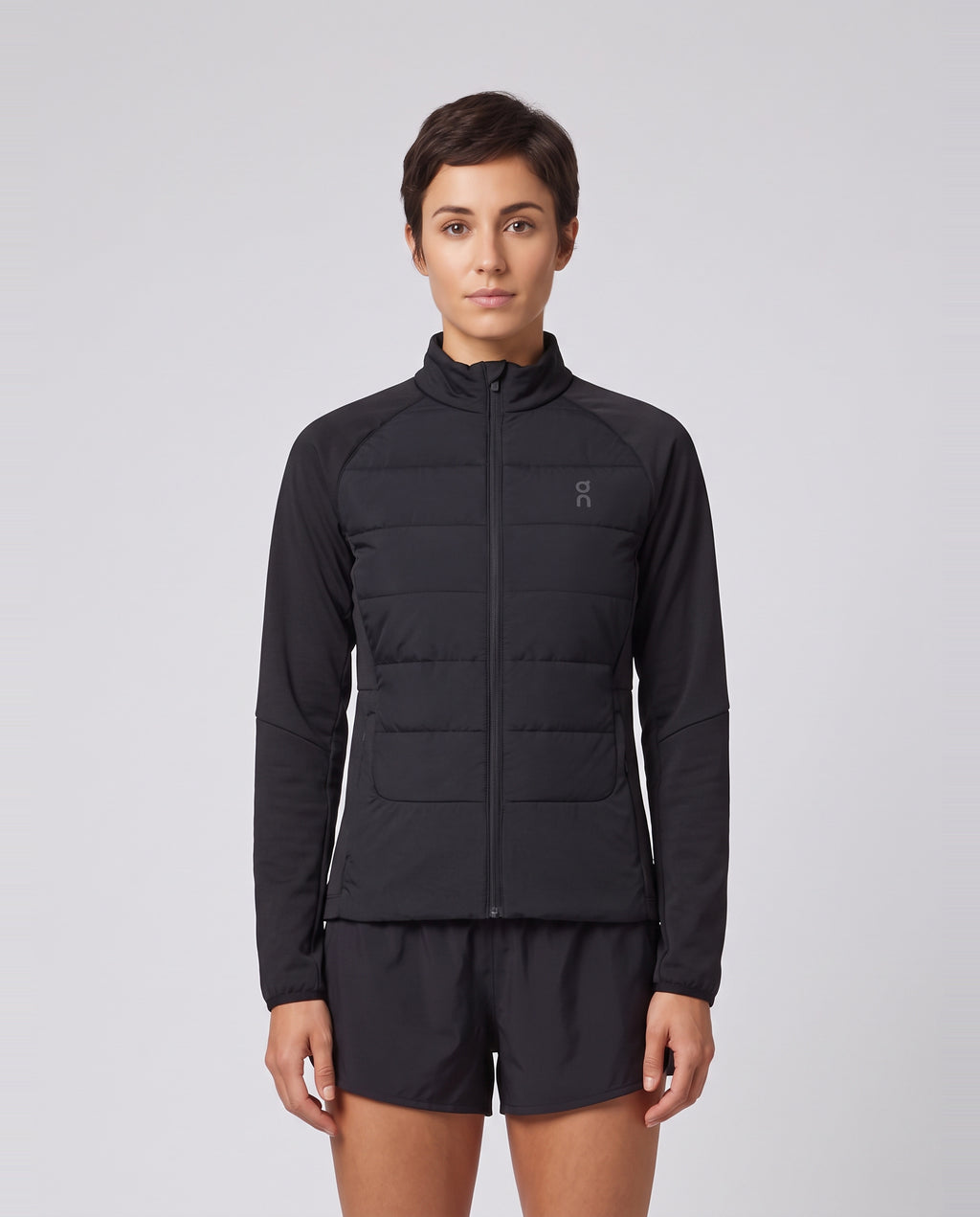 Women's On Running Weather Hybrid Jacket 1 Black — on model