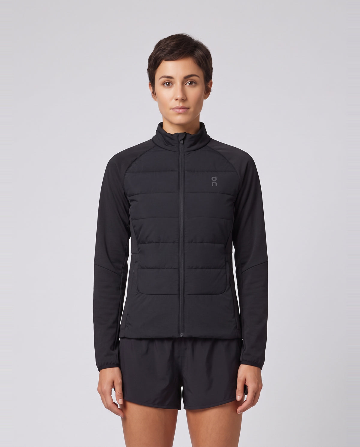 Women's On Running Weather Hybrid Jacket 1 Black — on model