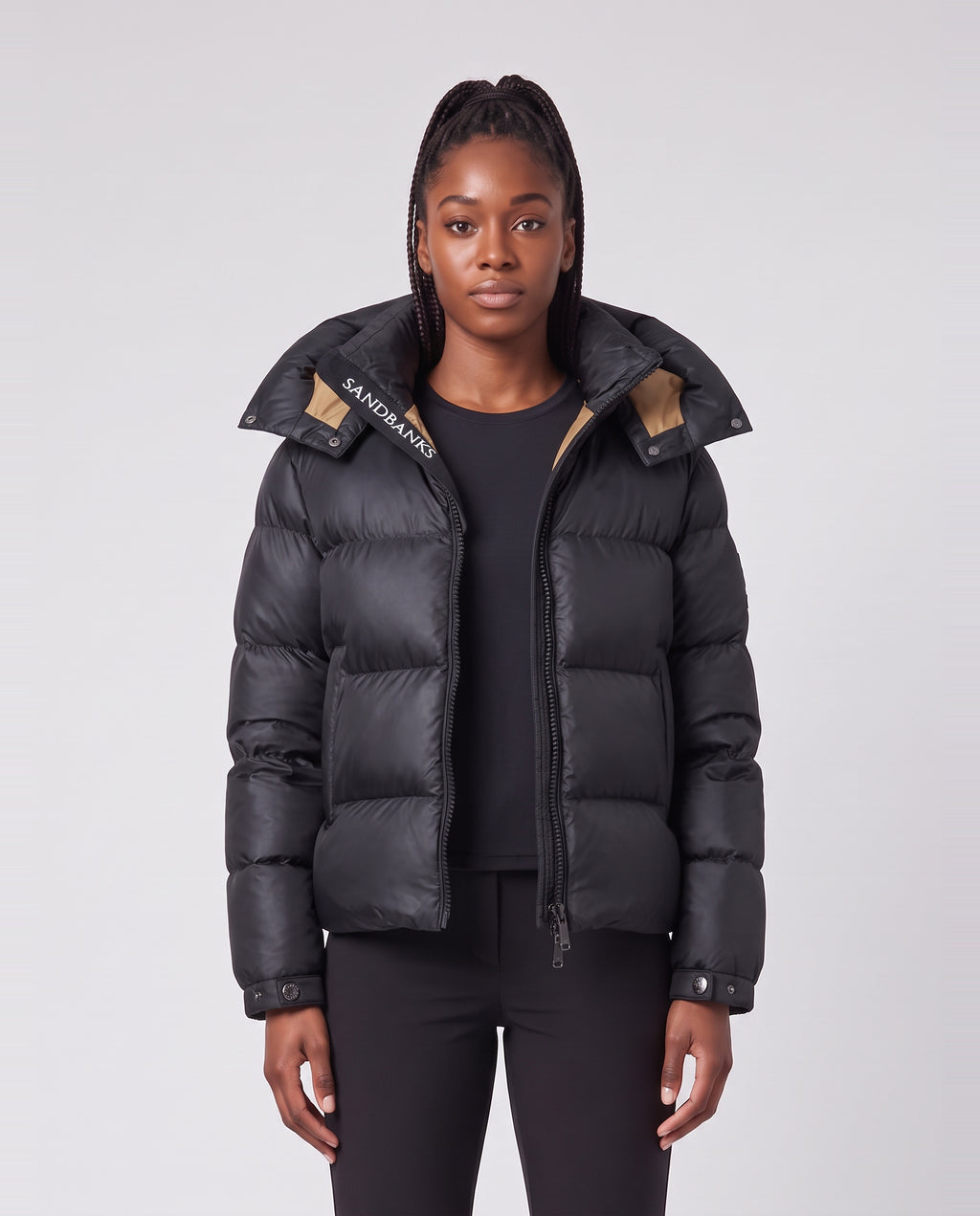 Women's Sandbanks Black Aurora Puffer Coat — on model