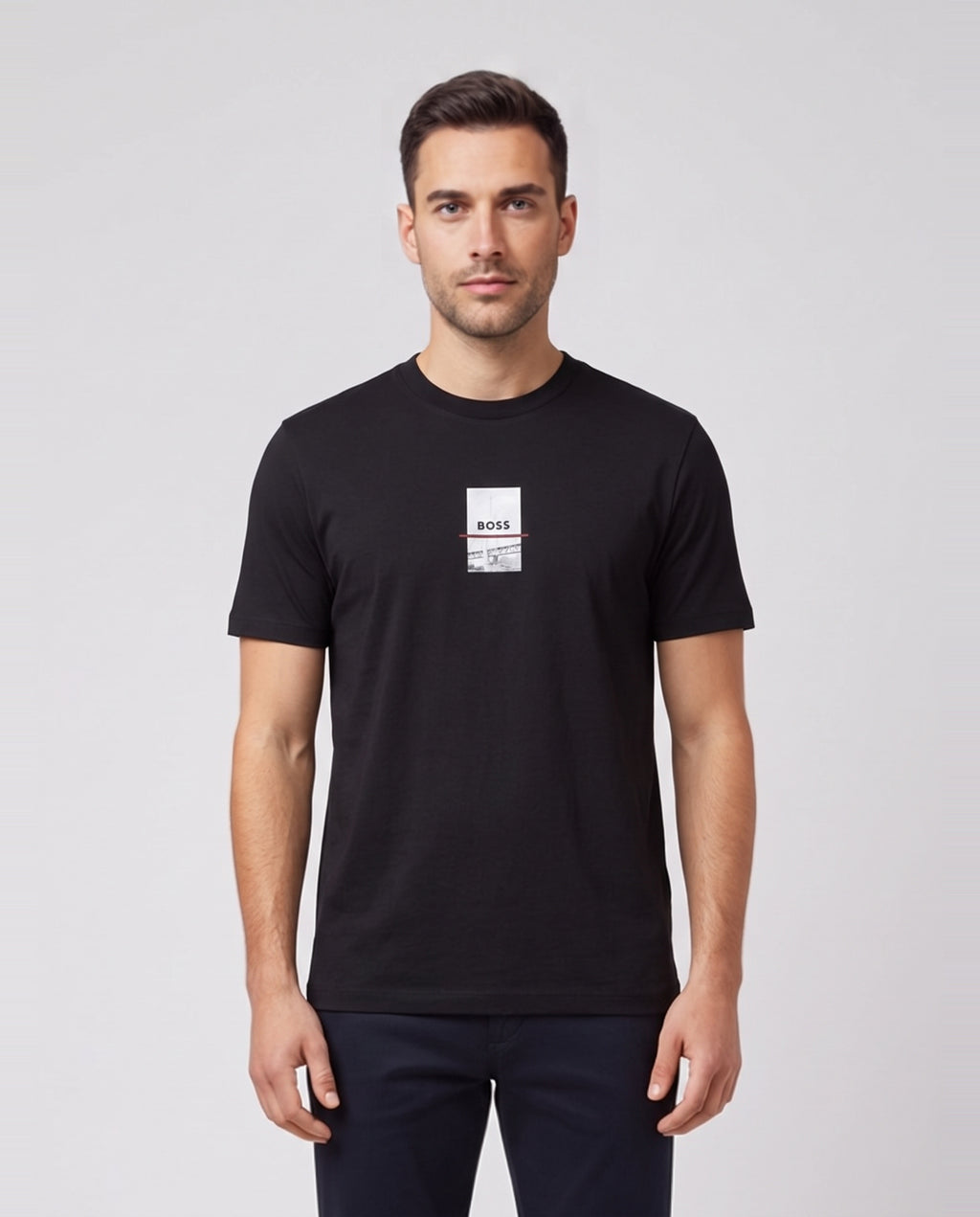 Mens BOSS Green Tee Photoprint Black T Shirt — on model