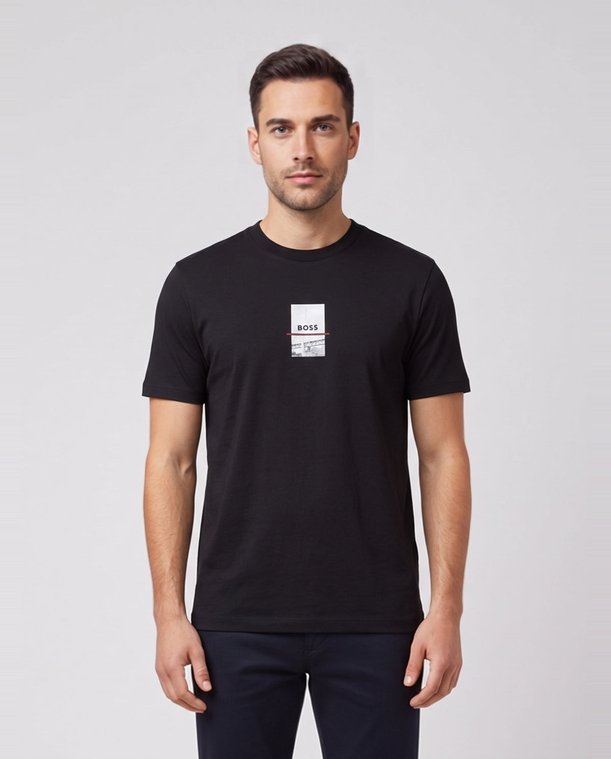 Mens BOSS Green Tee Photoprint Black T Shirt — on model