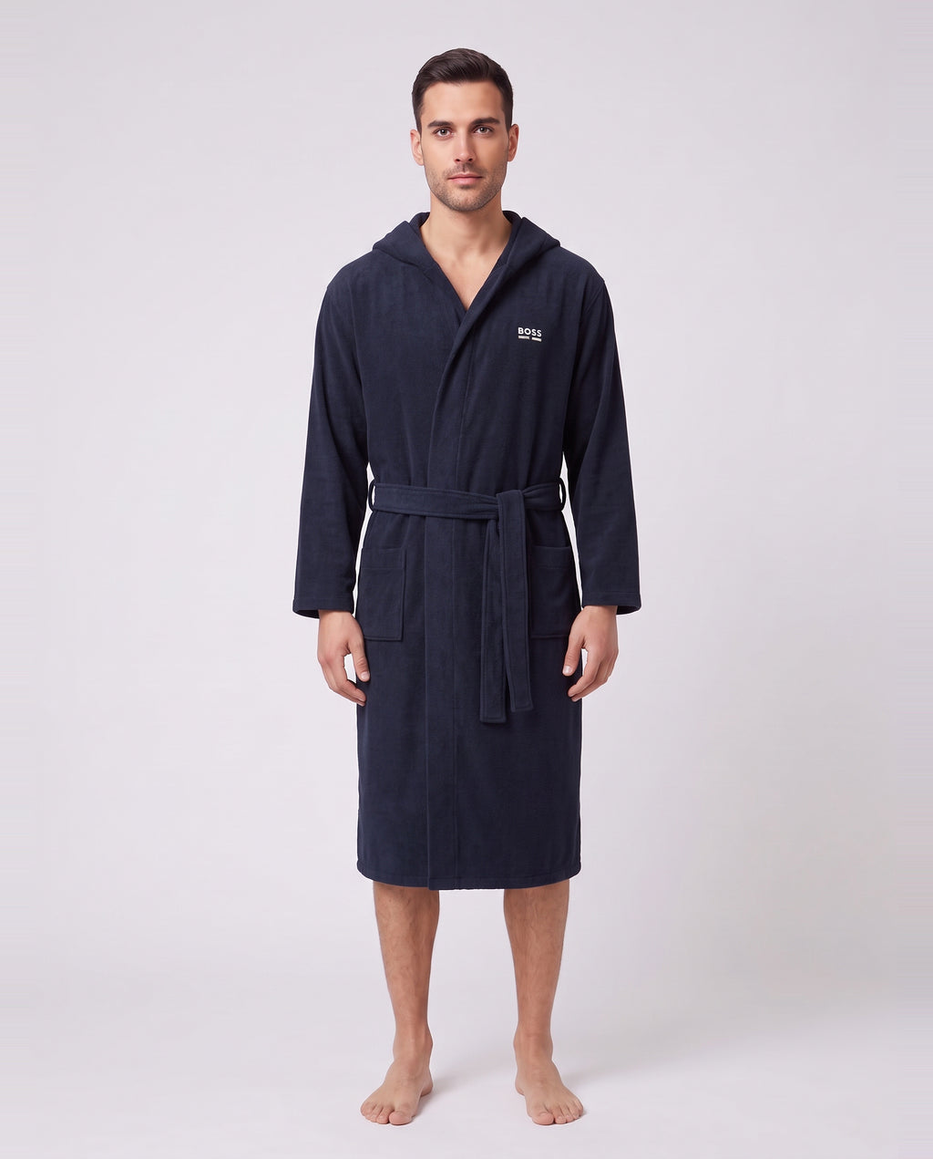 BOSS Black Terry Robe Dark Blue Bathrobe — on model