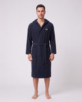 BOSS Black Terry Robe Dark Blue Bathrobe — on model