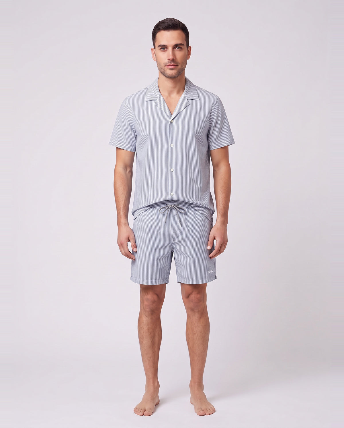 BOSS Bodywear & Swimwear Velvetfish_Shirt Open Blue Shirt & Velvetfish Open Blue Swimwear Shorts Set — on model