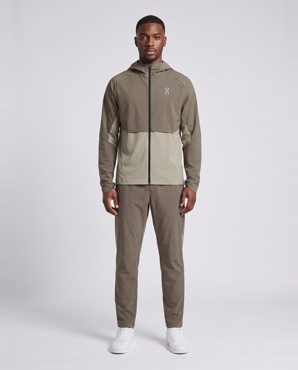 Men's On Running Core Jacket 1 Bark | Vetiver & Core Pants Tracksuit Set — on model