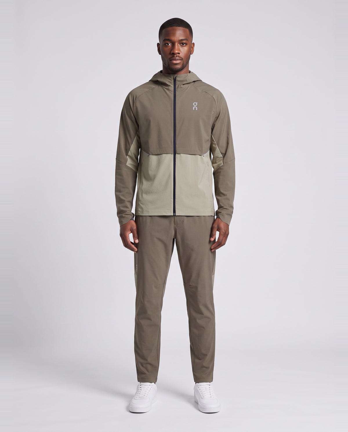 Men's On Running Core Jacket 1 Bark | Vetiver & Core Pants Tracksuit Set — on model