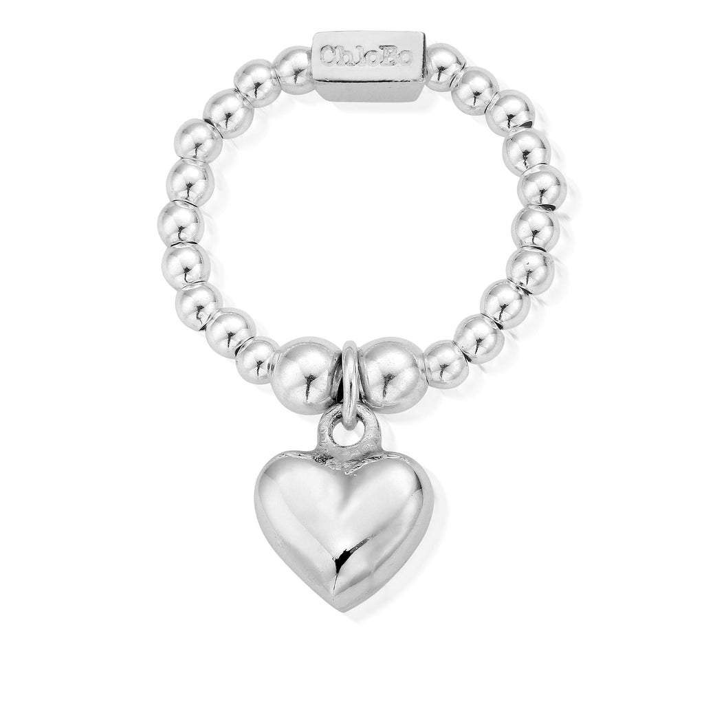 ChloBo heart ring with 2.5mm ball beads. Polished silver jewelry with a mini puffed heart charm detail.
