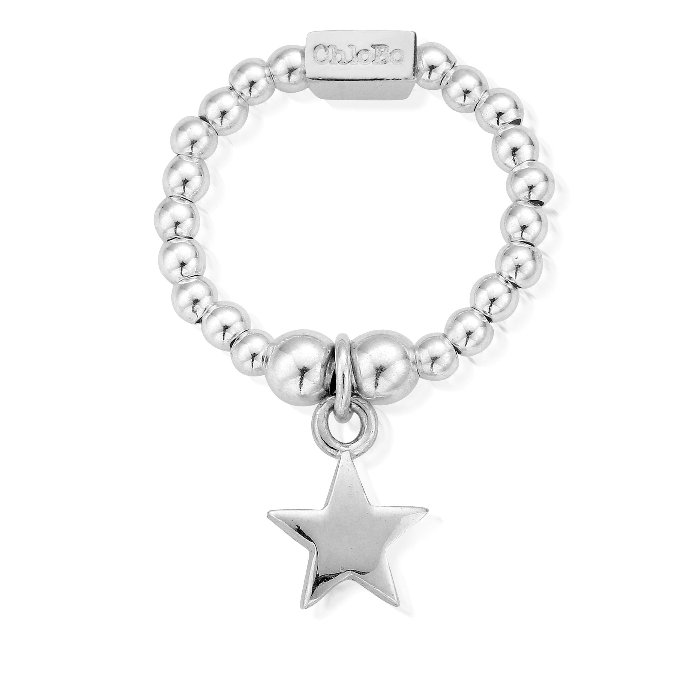 ChloBo silver ring featuring a mini star charm on a slender beaded band. ChicBo is visible on the ring.