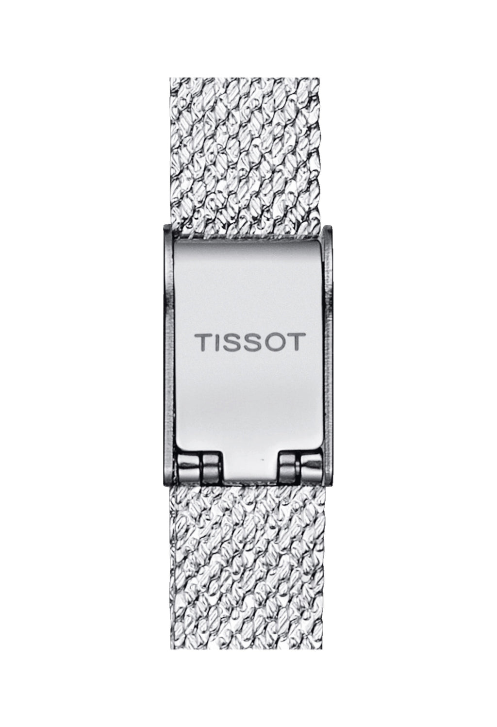 Tissot watch clasp detail with "TISSOT" logo shown. Silver mesh bracelet. Ladies square dial watch part.