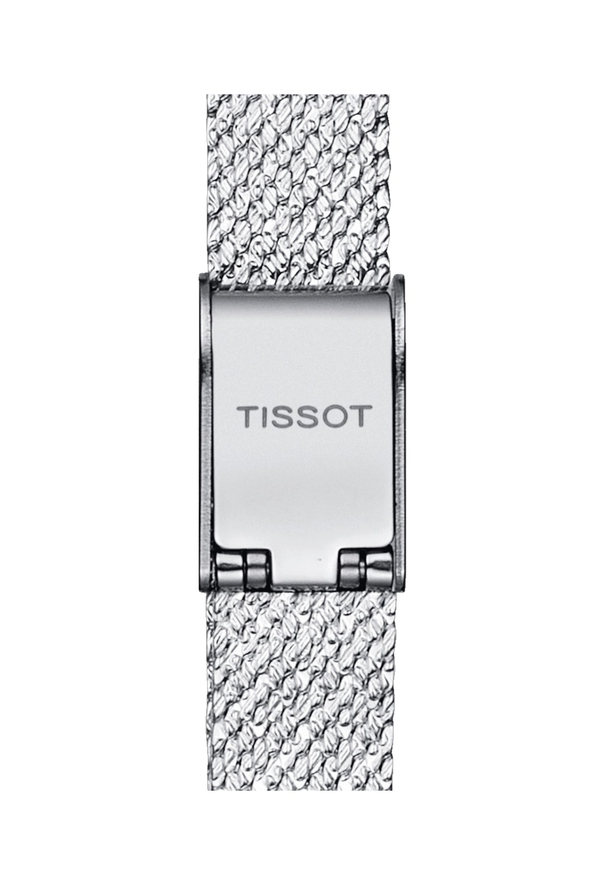 Tissot watch clasp detail with "TISSOT" logo shown. Silver mesh bracelet. Ladies square dial watch part.