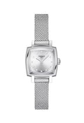 Close-up of the Tissot Ladies Lovely watch showcasing its silver square dial, crystal markers, and elegant mesh bracelet.