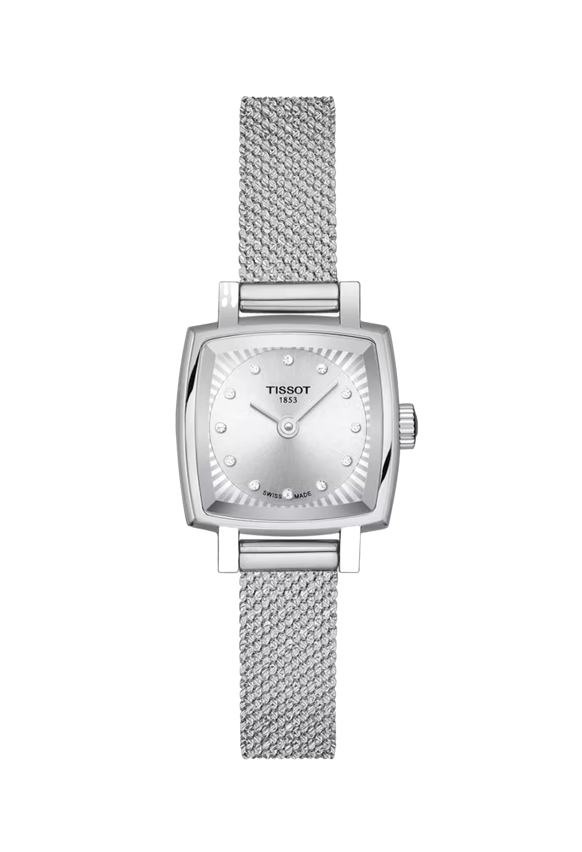 Close-up of the Tissot Ladies Lovely watch showcasing its silver square dial, crystal markers, and elegant mesh bracelet.