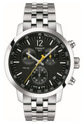Close-up of the Tissot PRC200 chronograph watch highlighting its stainless steel build, chronograph dials, and tachymeter.