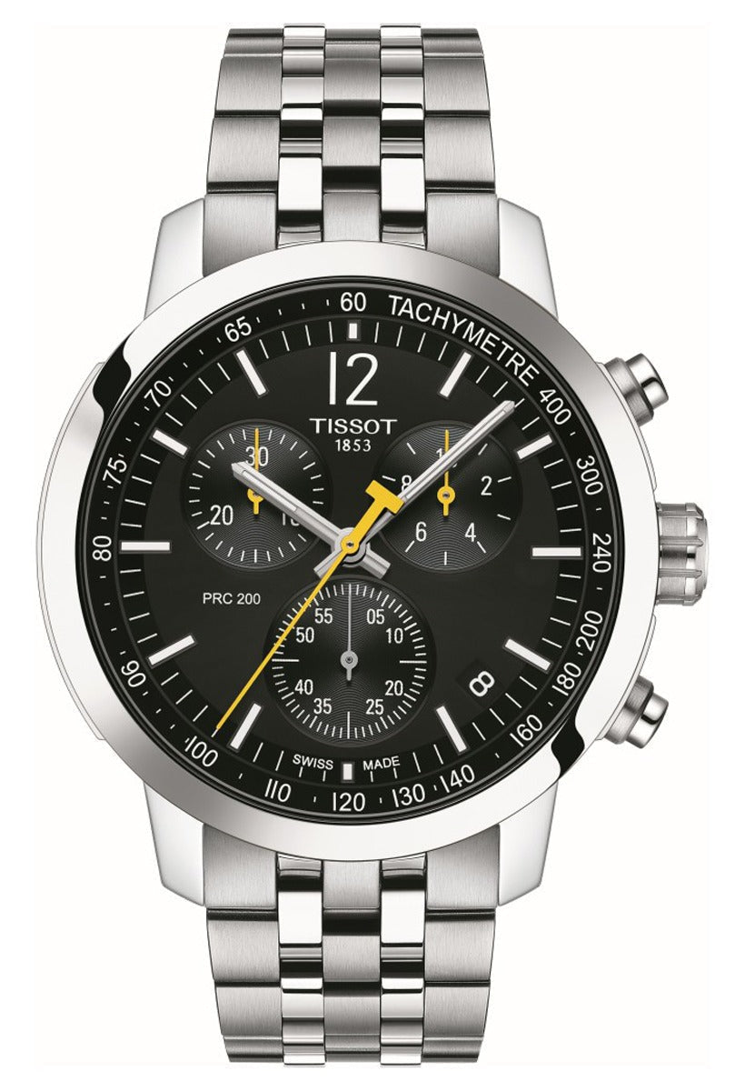 Close-up of the Tissot PRC200 chronograph watch highlighting its stainless steel build, chronograph dials, and tachymeter.