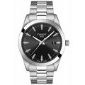 Tissot Gentleman watch showcasing the sleek black dial and stainless steel bracelet, displaying timeless Swiss craftsmanship.