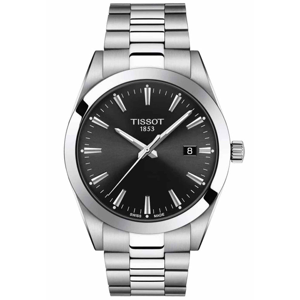 Tissot Gentleman watch showcasing the sleek black dial and stainless steel bracelet, displaying timeless Swiss craftsmanship.