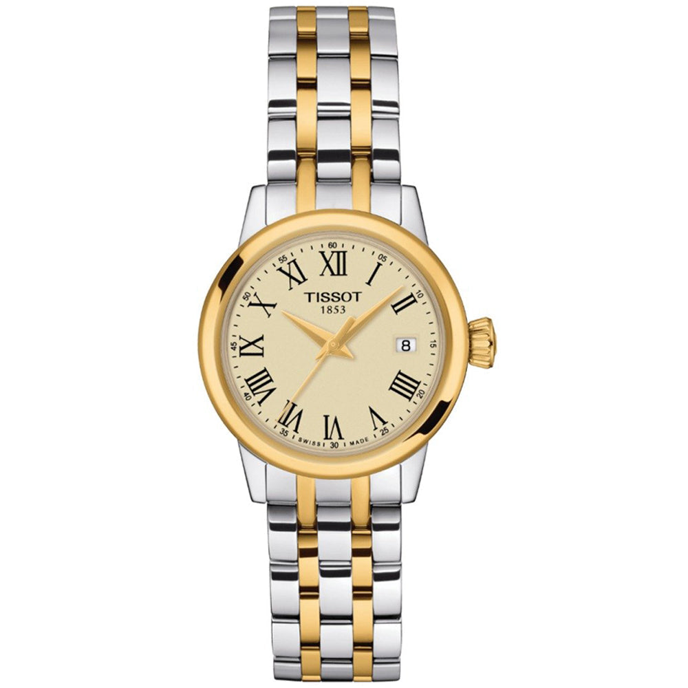 Tissot Dream ladies watch featuring a gold-plated bezel, ivory dial with Roman numerals, and a two-tone bracelet.