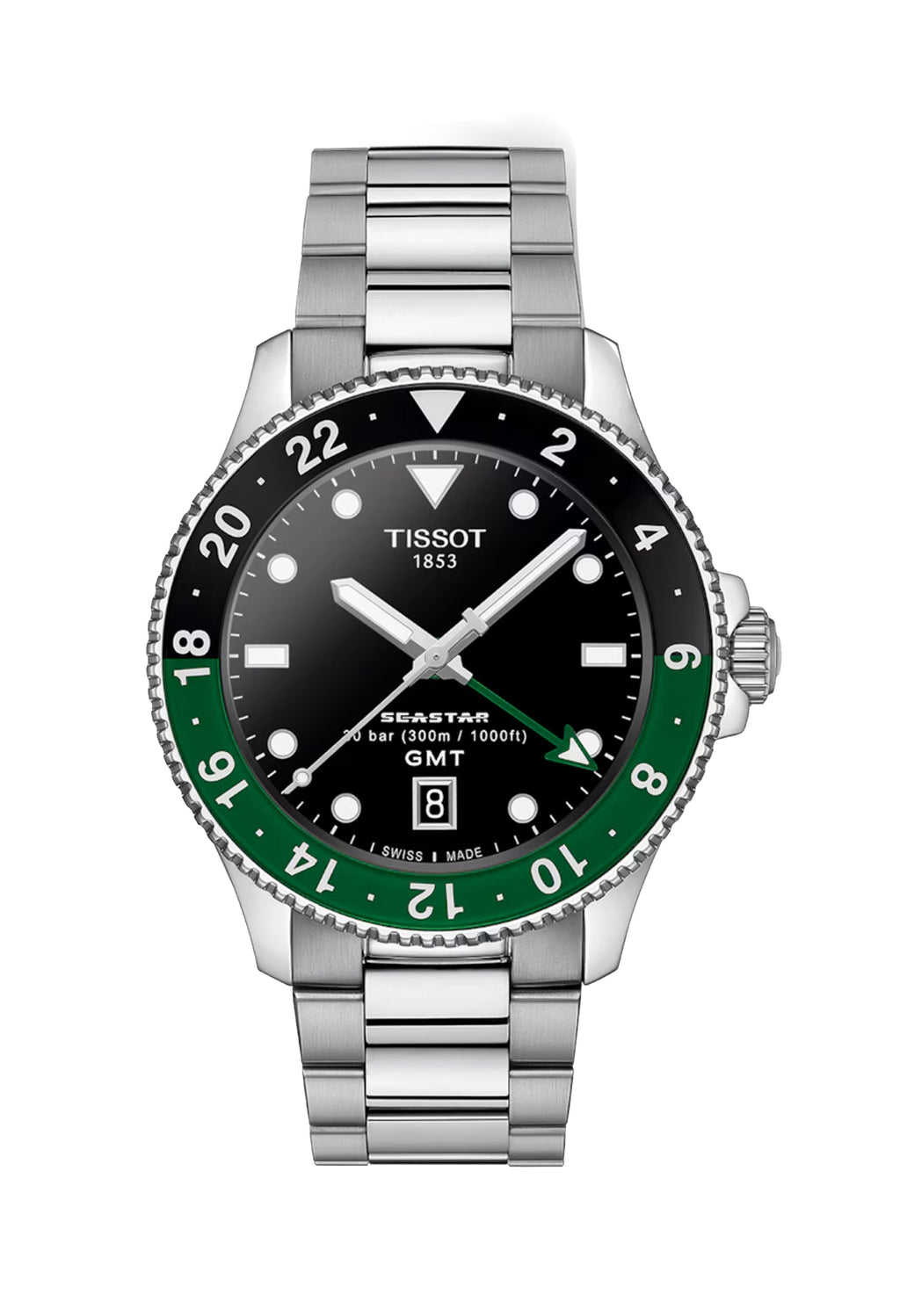 Close-up of the Tissot Seastar 1000 GMT watch displaying the date, '8', and GMT function, showcasing the stainless steel