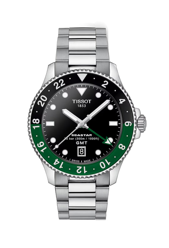 Tissot Mens 40mm Seastar 1000 GMT Black Dial Bracelet Watch T1208521105100