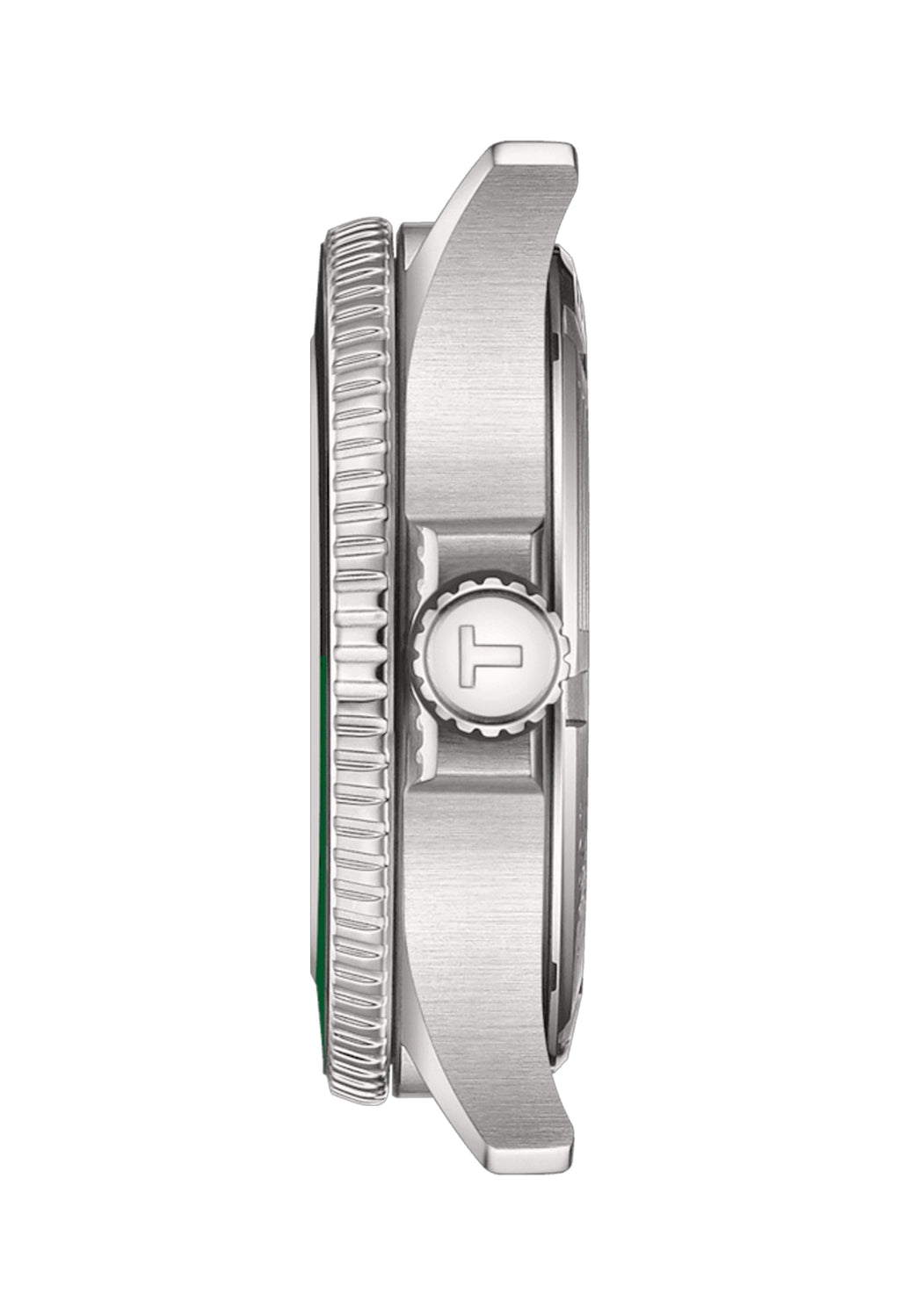 Side view of Tissot Seastar 1000 GMT watch showcasing stainless steel case, bracelet attachment, and prominent crown.