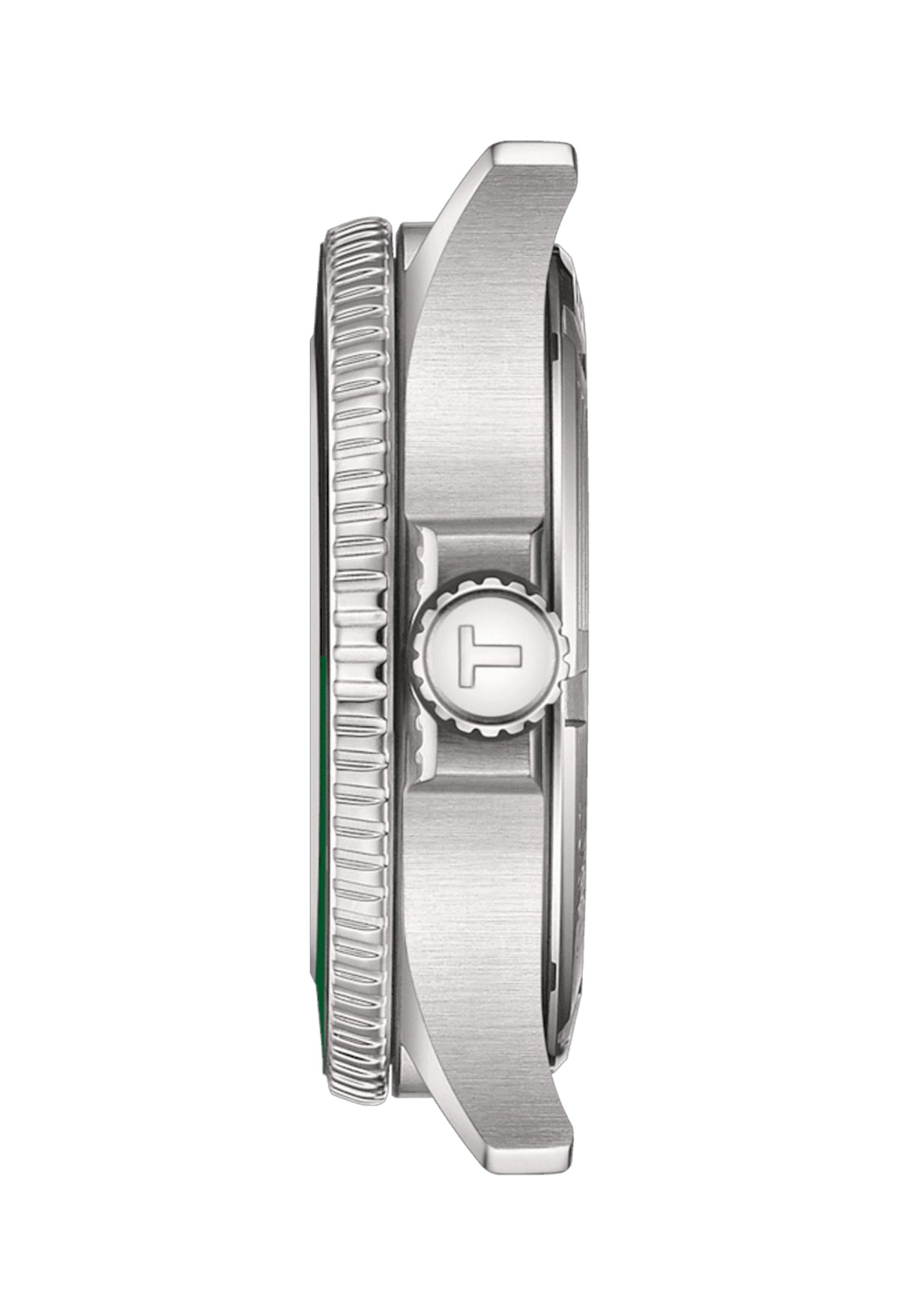 Side view of Tissot Seastar 1000 GMT watch showcasing stainless steel case, bracelet attachment, and prominent crown.