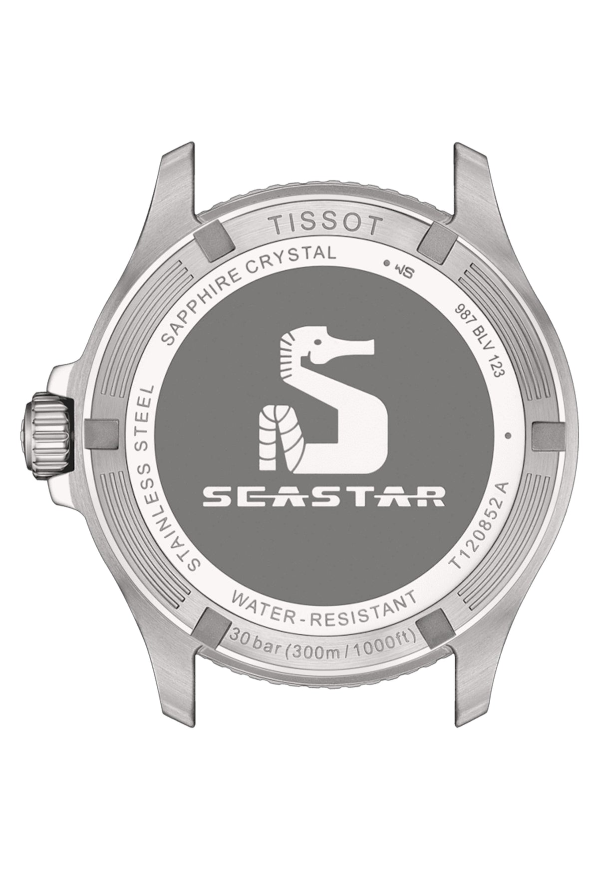 Tissot Seastar 1000 watch back showcasing stainless steel, sapphire crystal, seahorse logo, water resistance (30