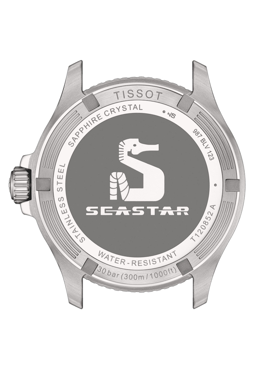 Tissot Seastar 1000 watch back showcasing stainless steel, sapphire crystal, seahorse logo, water resistance (30