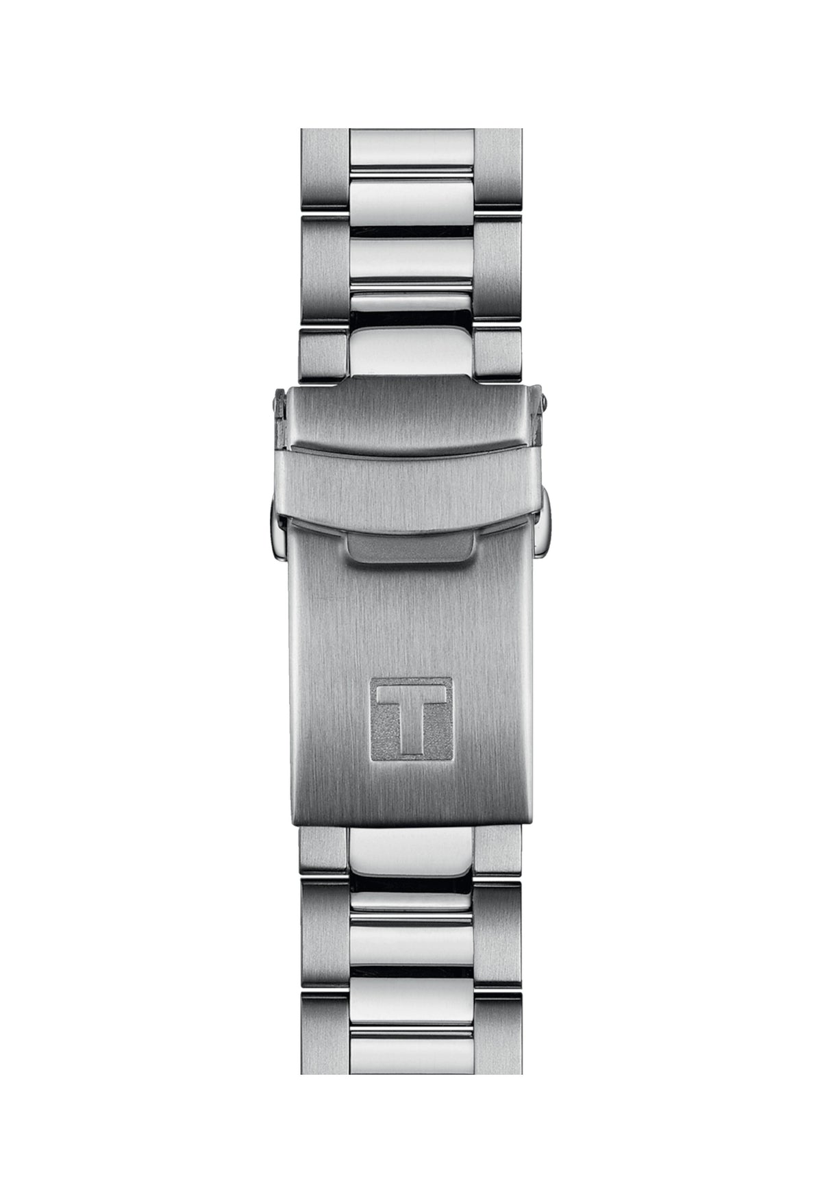 Close-up of the Tissot Seastar 1000 stainless steel watch bracelet and clasp with logo detail, showcasing wrist closure.
