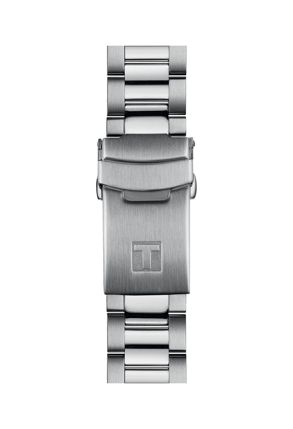 Close-up of the Tissot Seastar 1000 stainless steel watch bracelet and clasp with logo detail, showcasing wrist closure.