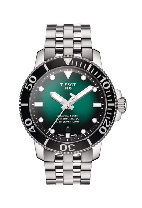 Tissot Mens Seastar 1000 Powermatic 80 Green Dial  Bracelet Watch T1204071109101