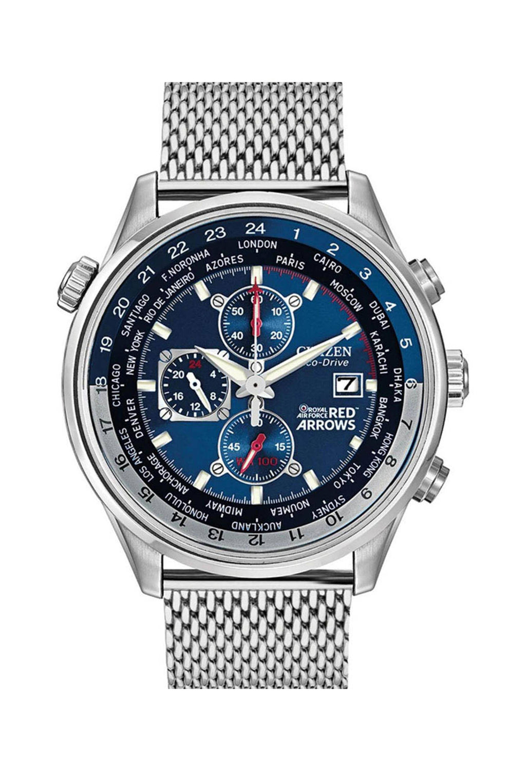 Citizen Eco-Drive chronograph watch with a blue dial showcasing multiple time zones and a stainless steel mesh bracelet.