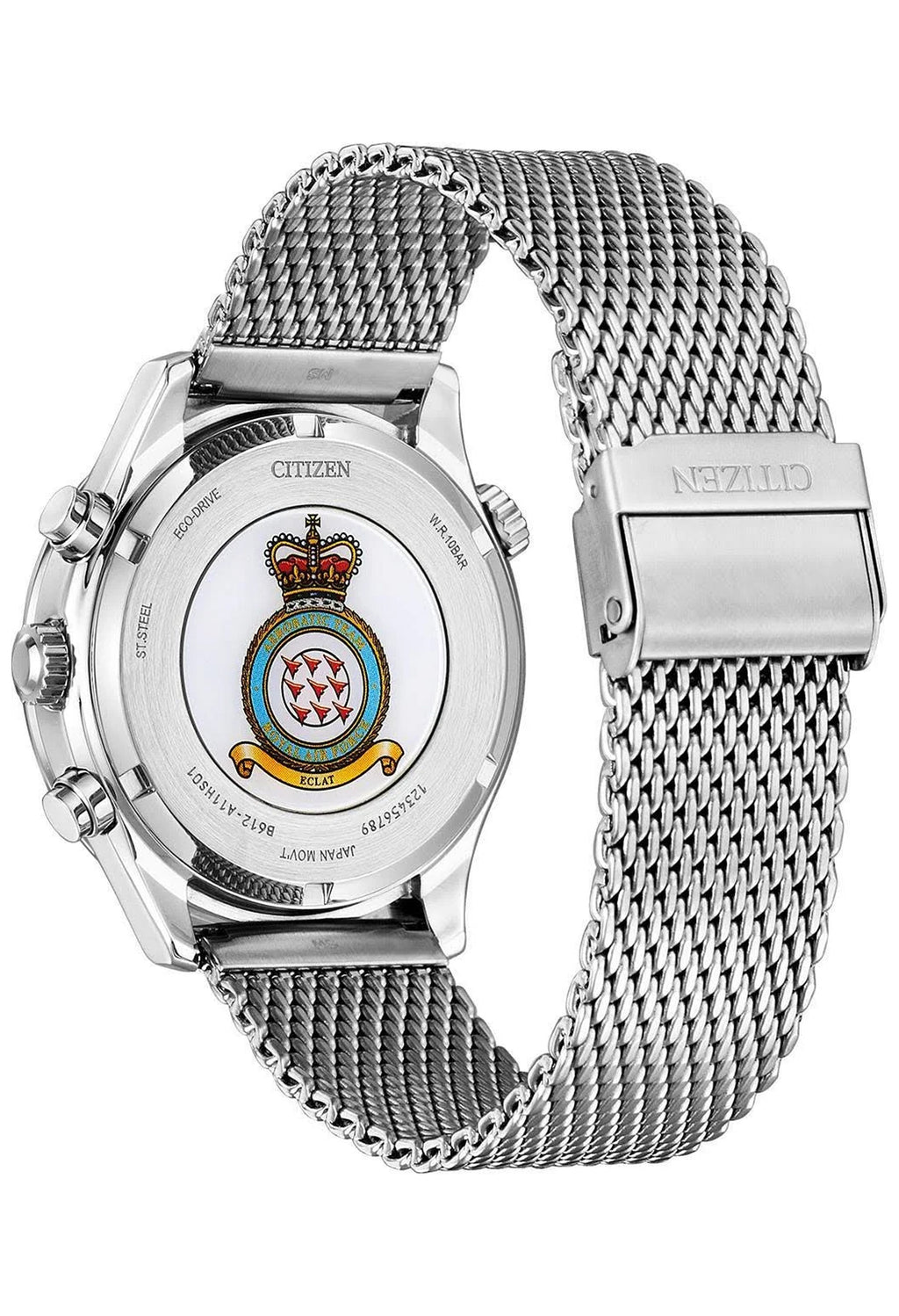 Close-up of the Citizen Eco-Drive watch, showcasing stainless steel bracelet and caseback detail, plus the watch model