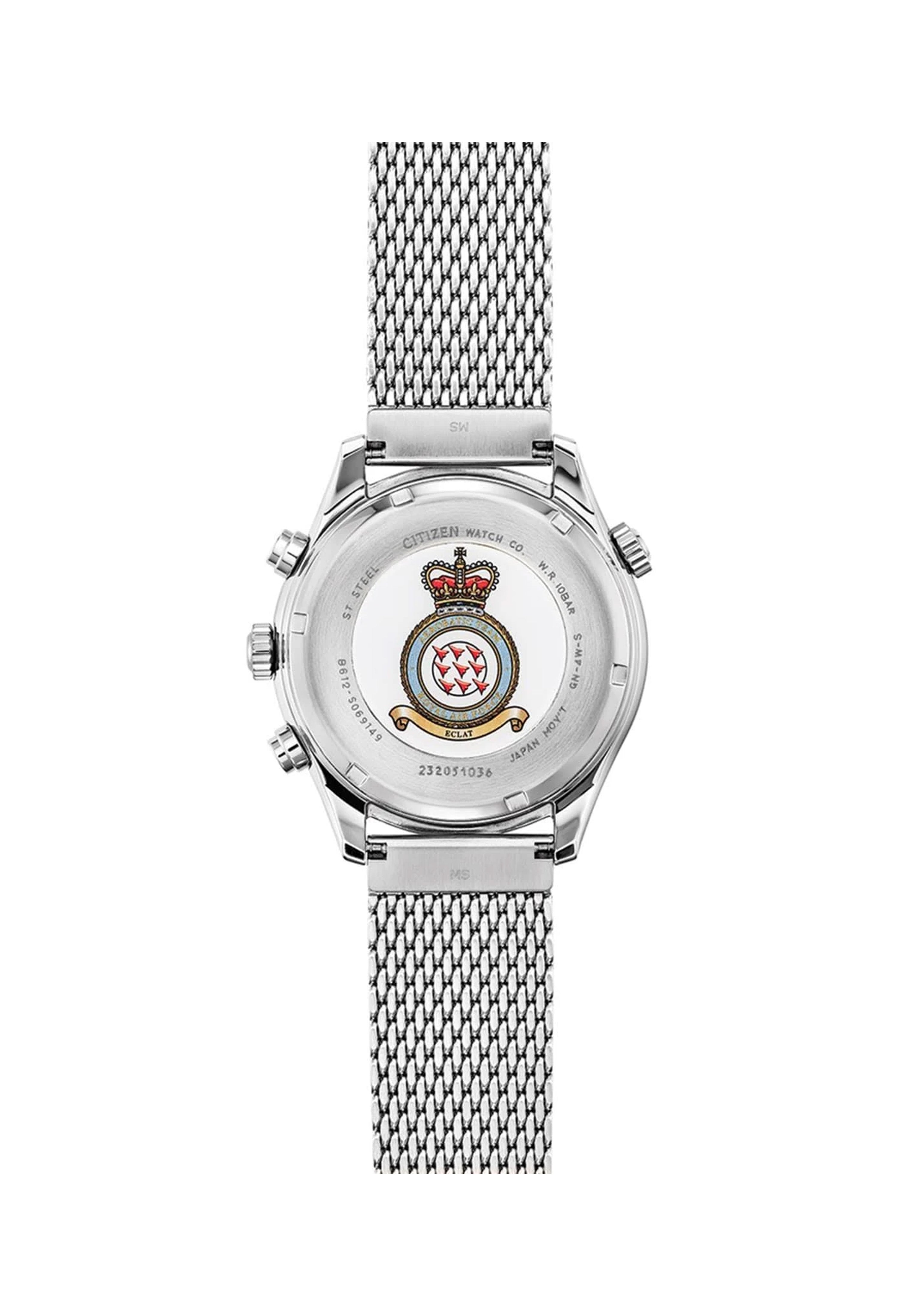 Citizen watch case back detail showing logo, model number 232051036, and 'ST STEEL' engraving, highlighting craftsmanship.