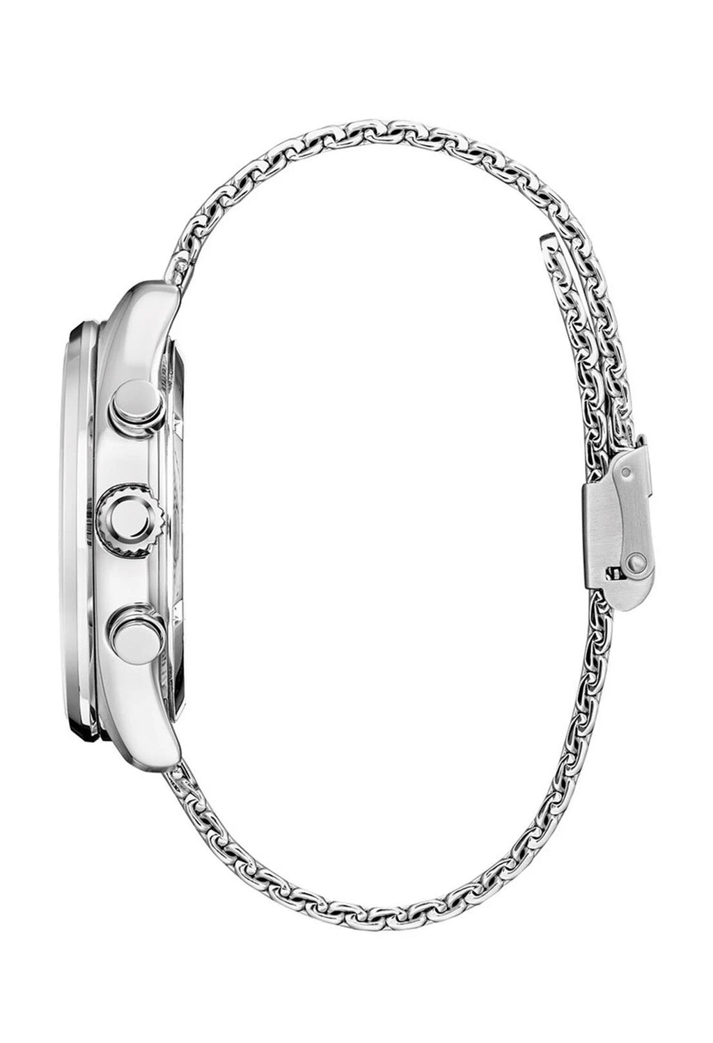 Side view of the Citizen Eco-Drive chronograph watch showing the stainless steel bracelet and button details.