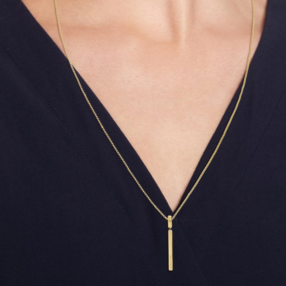 Tommy Hilfiger Ladies Linear Bar Pendant and Long Necklace Stainless Steel Gold Plated by Tommy Hilfiger
