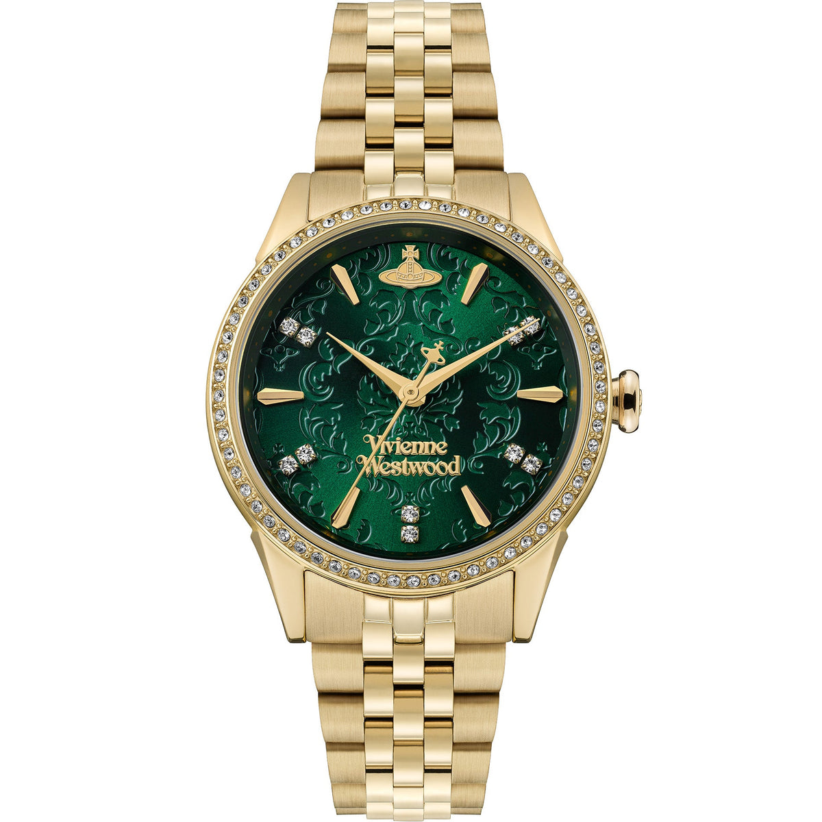 Vivienne Westwood Womens Wallace Watch With Green Crystal Dial. Gold Plated Bracelet Watch