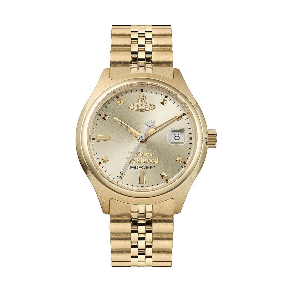 Gold wristwatch with gold-colored band and face.