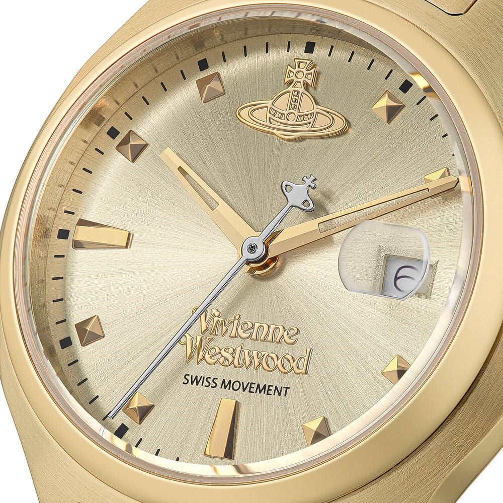 Gold Vivienne Westwood watch face with date magnification.