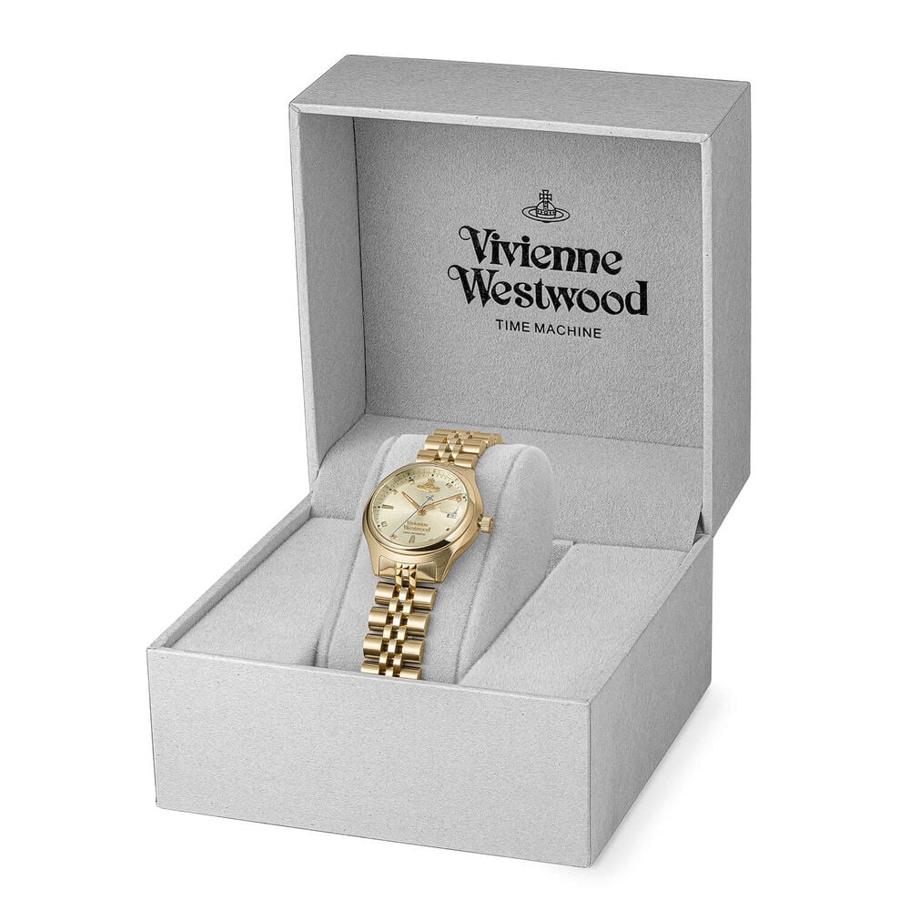 Gold Vivienne Westwood watch in a gray box.
