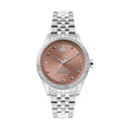 Silver Vivienne Westwood watch with a salmon-colored face.