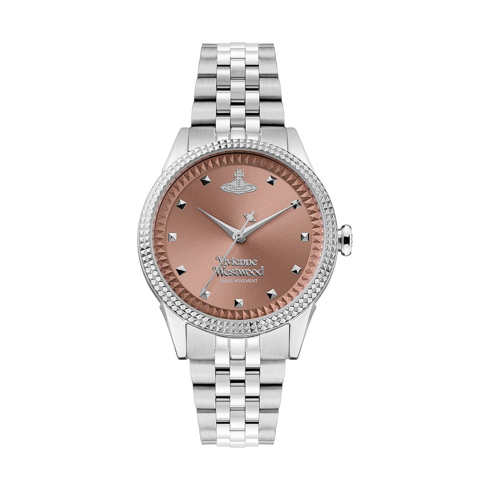 Silver Vivienne Westwood watch with a salmon-colored face.