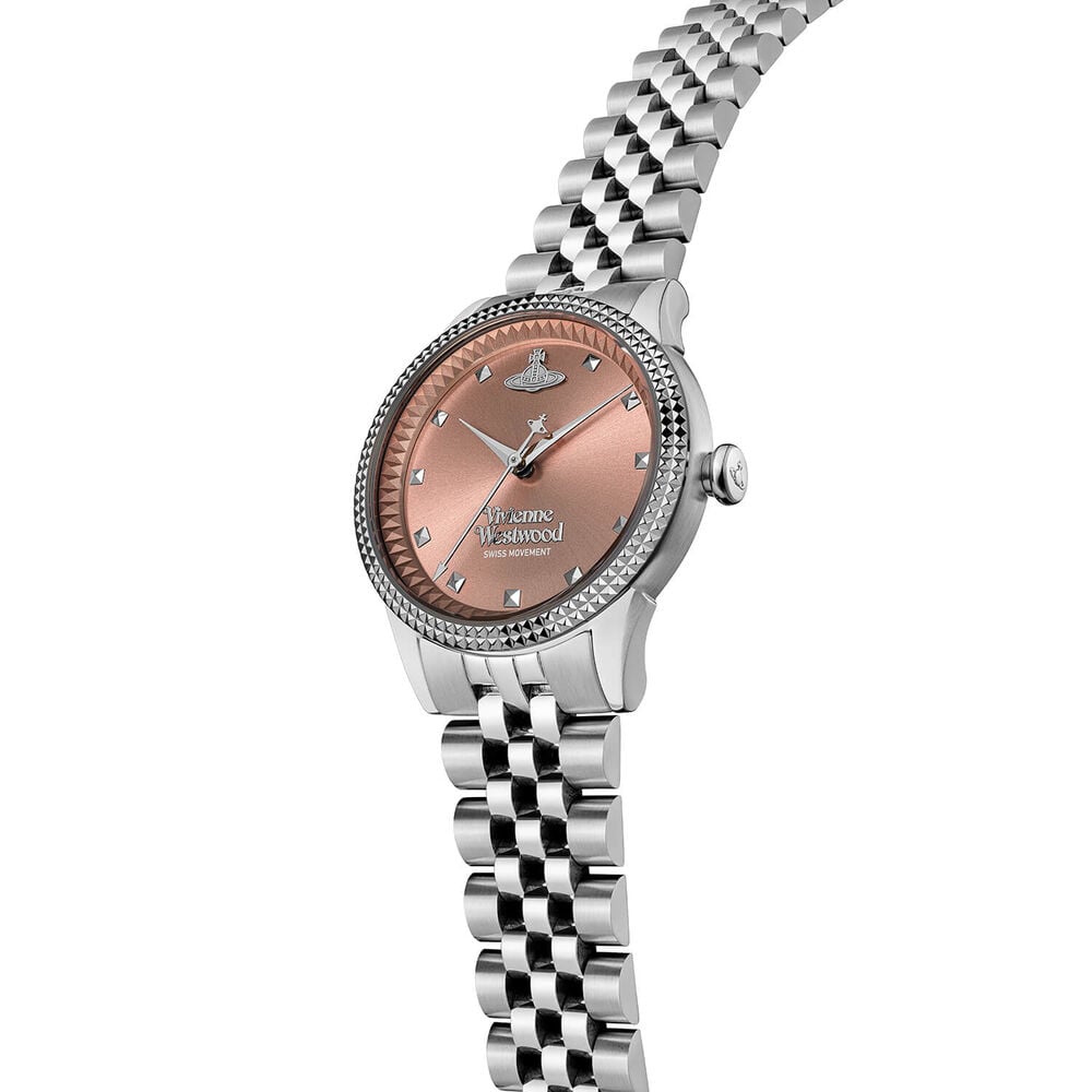 Silver women's watch with a pink face and metal band.