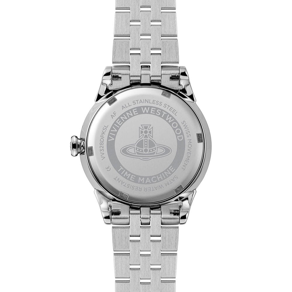 Back view of a Vivienne Westwood watch with stainless steel band and case.
