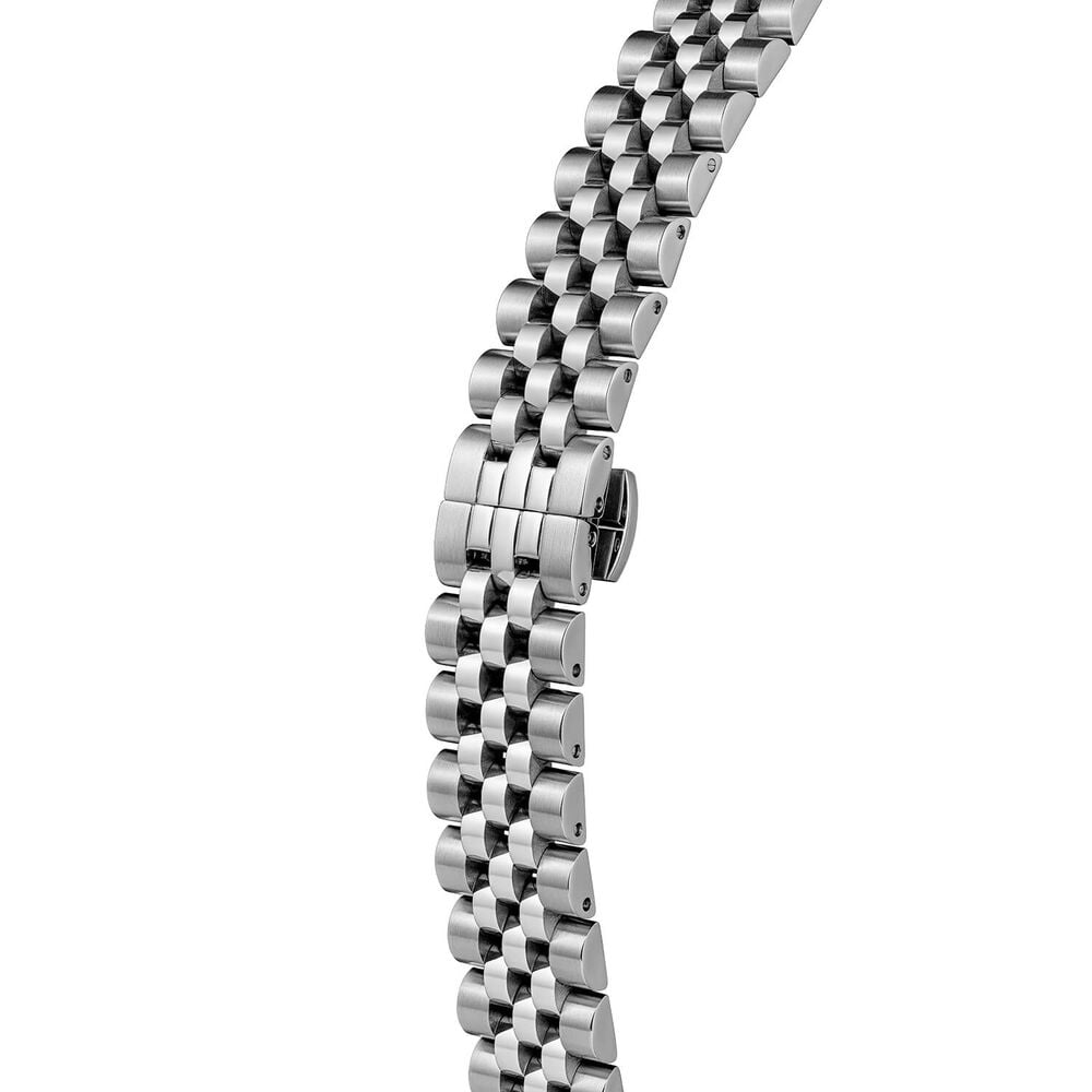 Silver metal watch band with a fold-over clasp.
