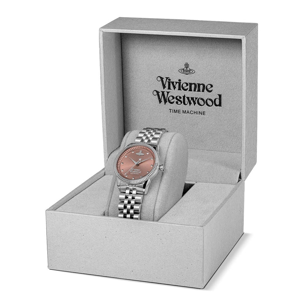 Silver Vivienne Westwood watch in a grey box.